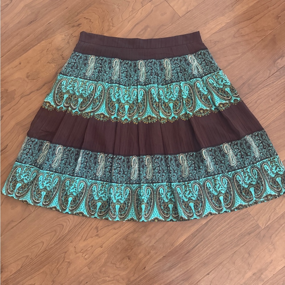 A-Line Skirt with Brown Gold Teal Paisley Design